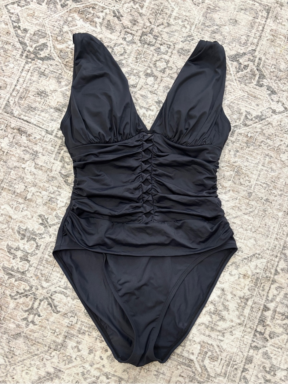 Bleu Rod Beattie Ruched Black V-Neck One-Piece Swimsuit